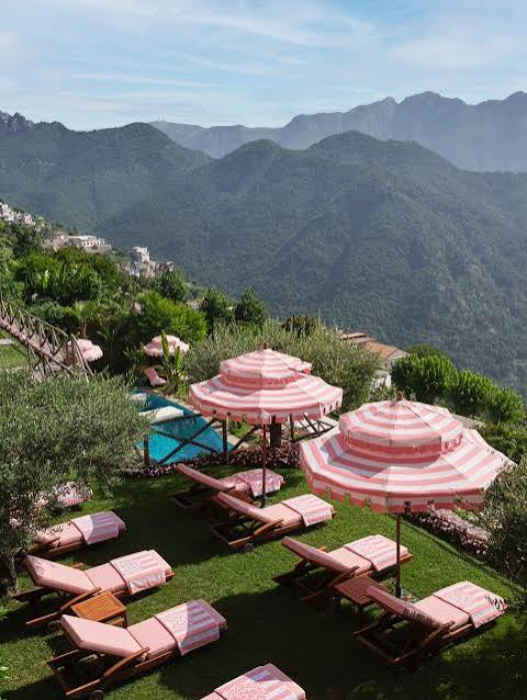 Pink-striped umbrellas above the Amalfi Coast, Ravello