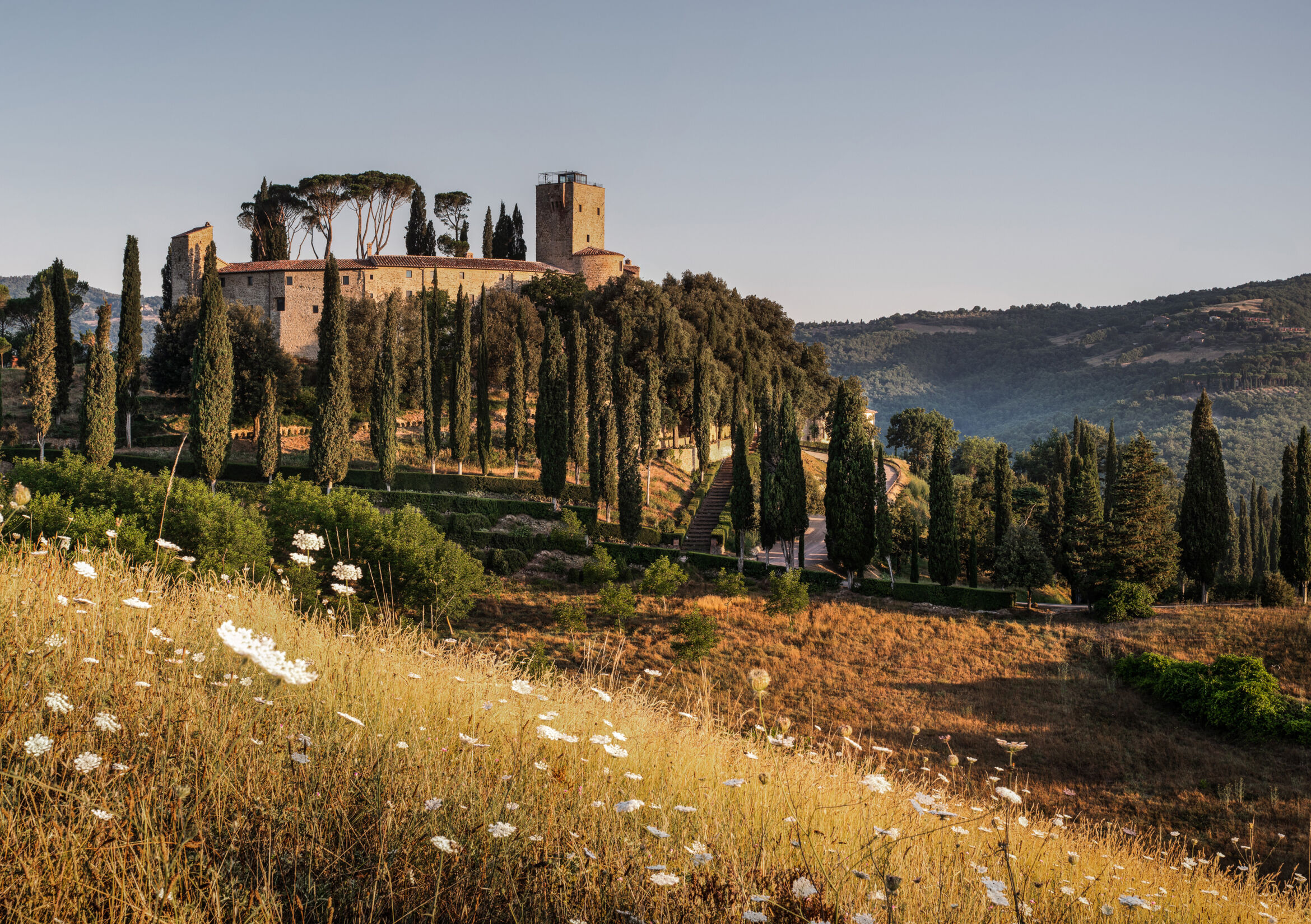 Hilltop castle among cypress trees, Umbria